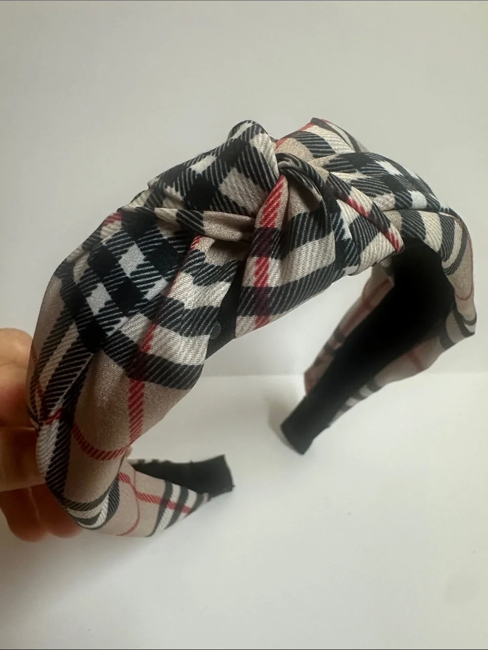 Plaid Knot Headband - Black, Cream & Red